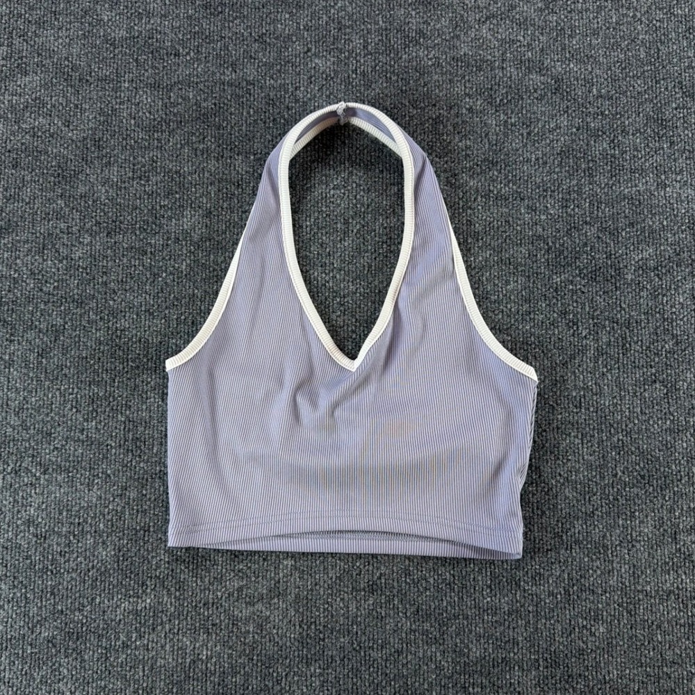 SHEIN Womens Purple Ribbed Halter Neck Crop Top White Trim Size Small Y2K‎ Style